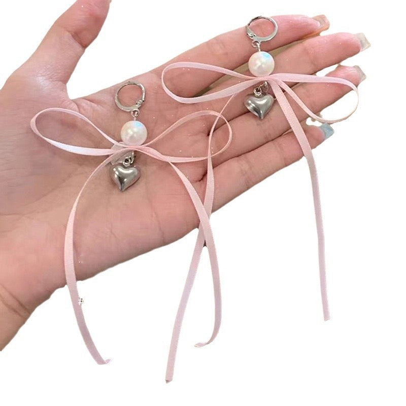 Korean niche ins style ribbon pearl pink bow  earrings ear buckles sweet and elegant for girls