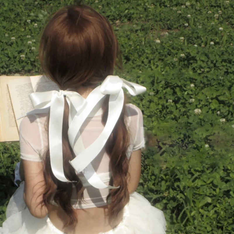 2025 new French style beautiful Korean ballet style ribbon bow hair accessories fairy double ponytail hair rope new headdress